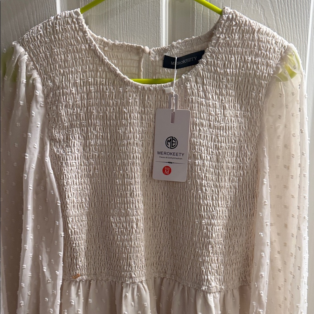 Women’s Cream Long Sleeve Smocked Midi Dress - Picture 2 of 3